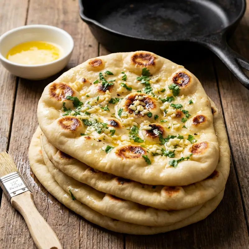 A flavorful naan topped with chopped garlic and herbs, cooked to perfection.