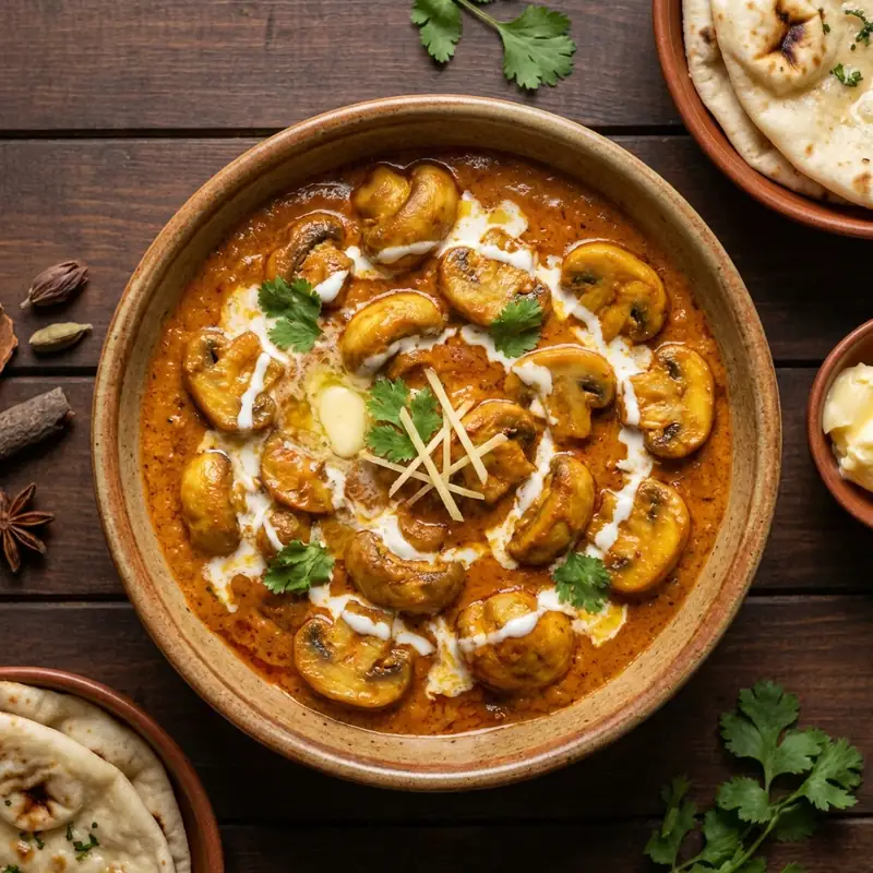 Succulent mushrooms in a rich, creamy, and buttery tomato-based gravy.
