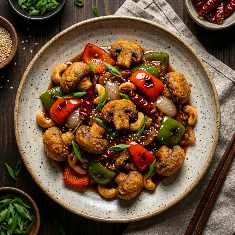 Crispy mushrooms stir-fried with bell peppers and onions in a spicy sauce.