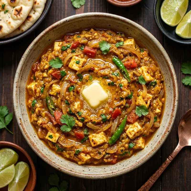 Mashed paneer cooked with onions, tomatoes, and spices. A flavorful scramble.