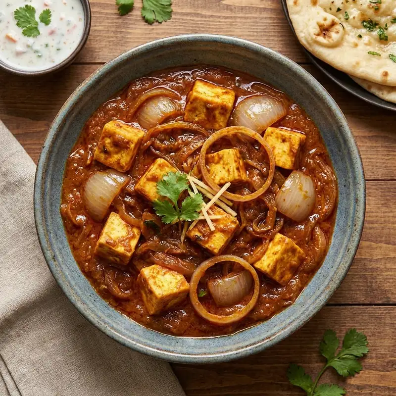 A unique dish where paneer is cooked with a generous amount of onions.