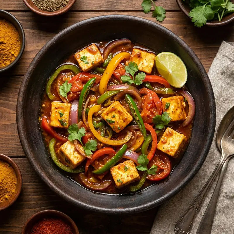 Spicy and tangy stir-fried paneer with a mix of vibrant vegetables.