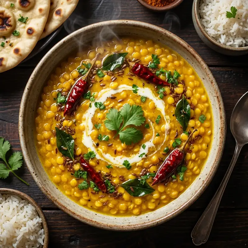 Yellow lentils tempered with aromatic spices, a comforting and hearty dish.